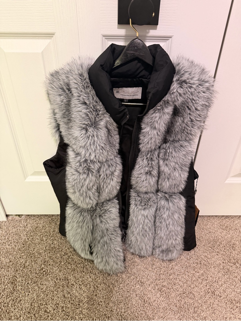 Kids Black Puffer Vest with Gray Faux Fur Trim